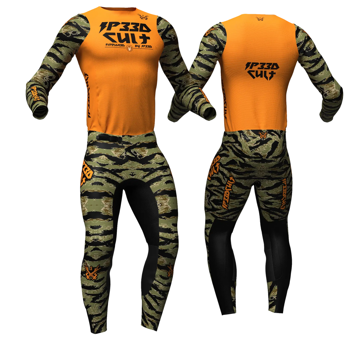 SP33DCULT MX Kit Camo Orange jersey and pants, front and back