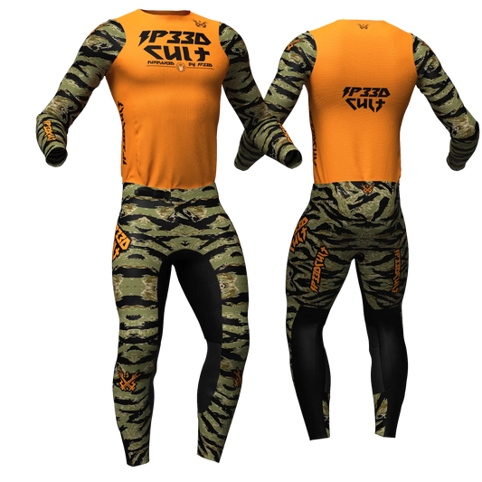 SP33DCULT MX Kit Camo Orange jersey and pants, front and back
