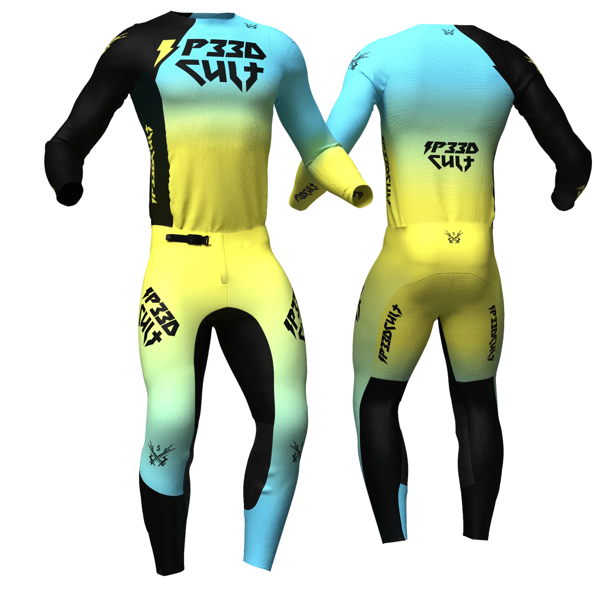 SP33DCULT MX Kit Volt Yellow/Blue jersey and pants, front and back